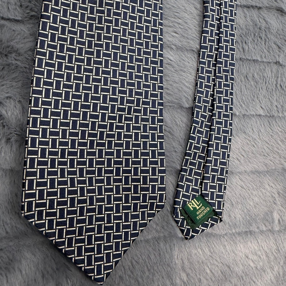 Lauren Ralph Lauren Mens Silk Tie Navy Blue Silver Geometric Hand Finished USA